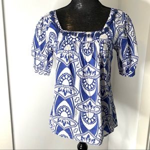 Marina Luna Blue White Beaded Square Neck Puff Sleeve Cotton Top